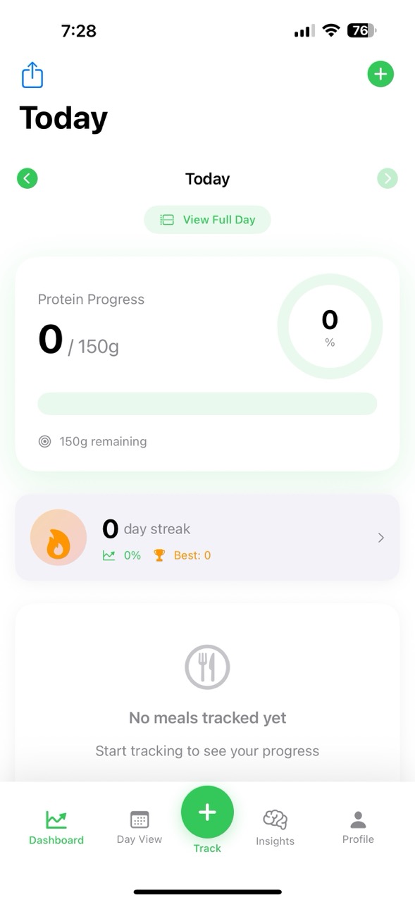Daily protein tracking view with meal history and progress visualization